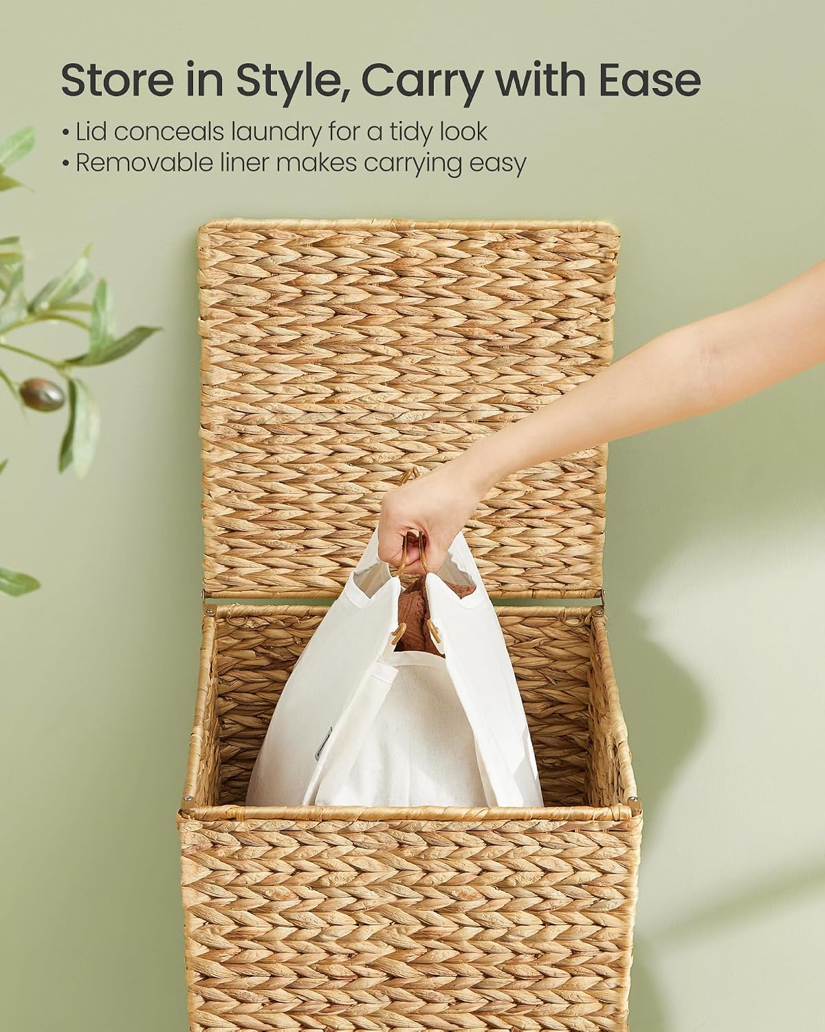 SONGMICS Laundry Hamper 3 Sections, 47.5 Gal. (180 L) Handwoven Water Hyacinth Wicker Laundry Basket with Lid, Natural Material, Removable Machine Washable Liners, Handles, Natural ULCB203Y01