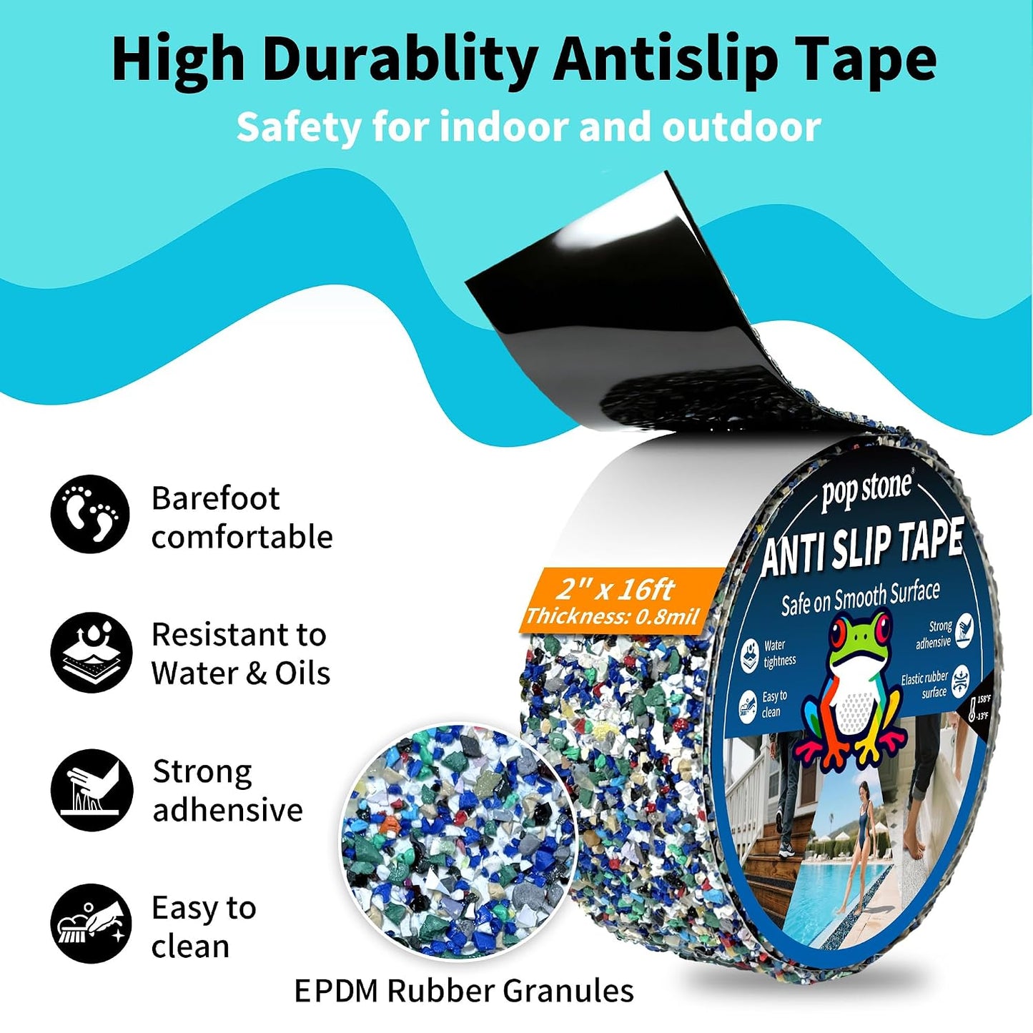 Waterproof Anti-Slip Traction Tape | 2" x16.5 FT | Heavy-Duty EPDM Rubber, Strong Grip & Barefoot Gentle | Indoor & Outdoor Solution: Poolside, Bath, Ramps, Stairs, Board Steps