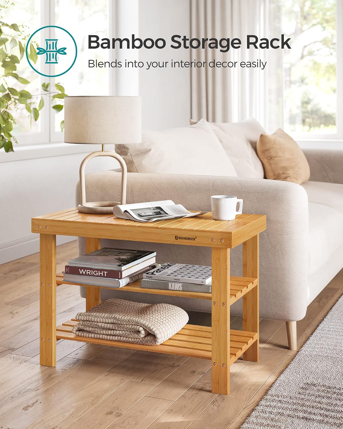 SONGMICS Shoe Rack Bench, 3-Tier Bamboo Shoe Storage Organizer, Entryway Bench, Holds Up to 286 lb, 11.3 x 27.6 x 17.8 Inches, for Entryway Bathroom Bedroom, Ink Black ULBS04H