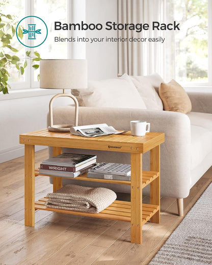 SONGMICS Shoe Rack Bench, 3-Tier Bamboo Shoe Storage Organizer, Entryway Bench, Holds Up to 286 lb, 11.3 x 27.6 x 17.8 Inches, for Entryway Bathroom Bedroom, Ink Black ULBS04H