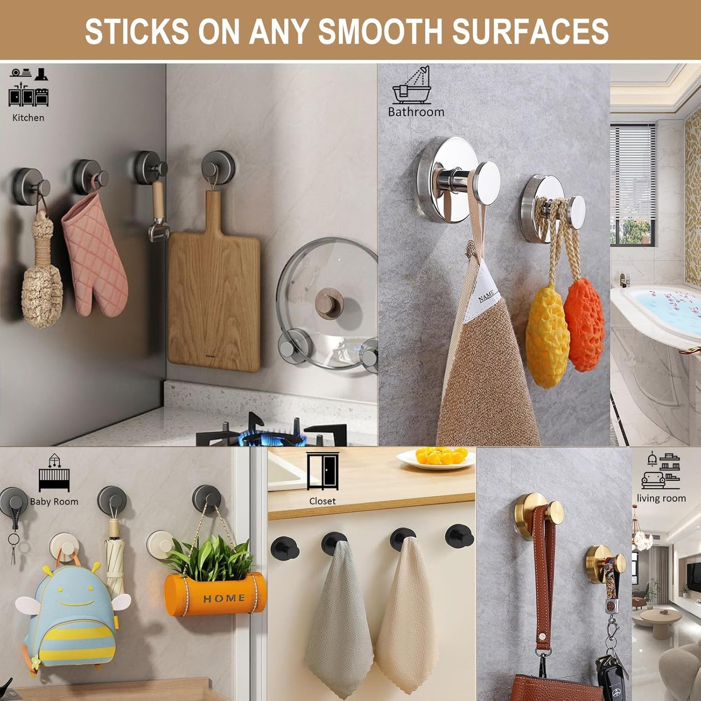 ZESLMG Adhesive Hooks for Shower, Black Self Sticky Hooks for Glass Window Kitchen Wall, Removable Bath Robe Loofah Door Wreath Coat Towel Hook No Damage for Hanging, 2 Pack