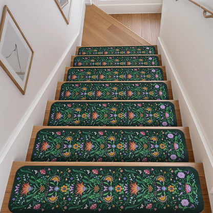 OJIA Floral Stair Treads Non-Slip Carpet Stair Treads for Wooden Steps Indoor 15PCS 30"x8" Stair Runner Stair Mats Staircase Step Treads for Kids, Elders and Dogs, Stair Covers, Black