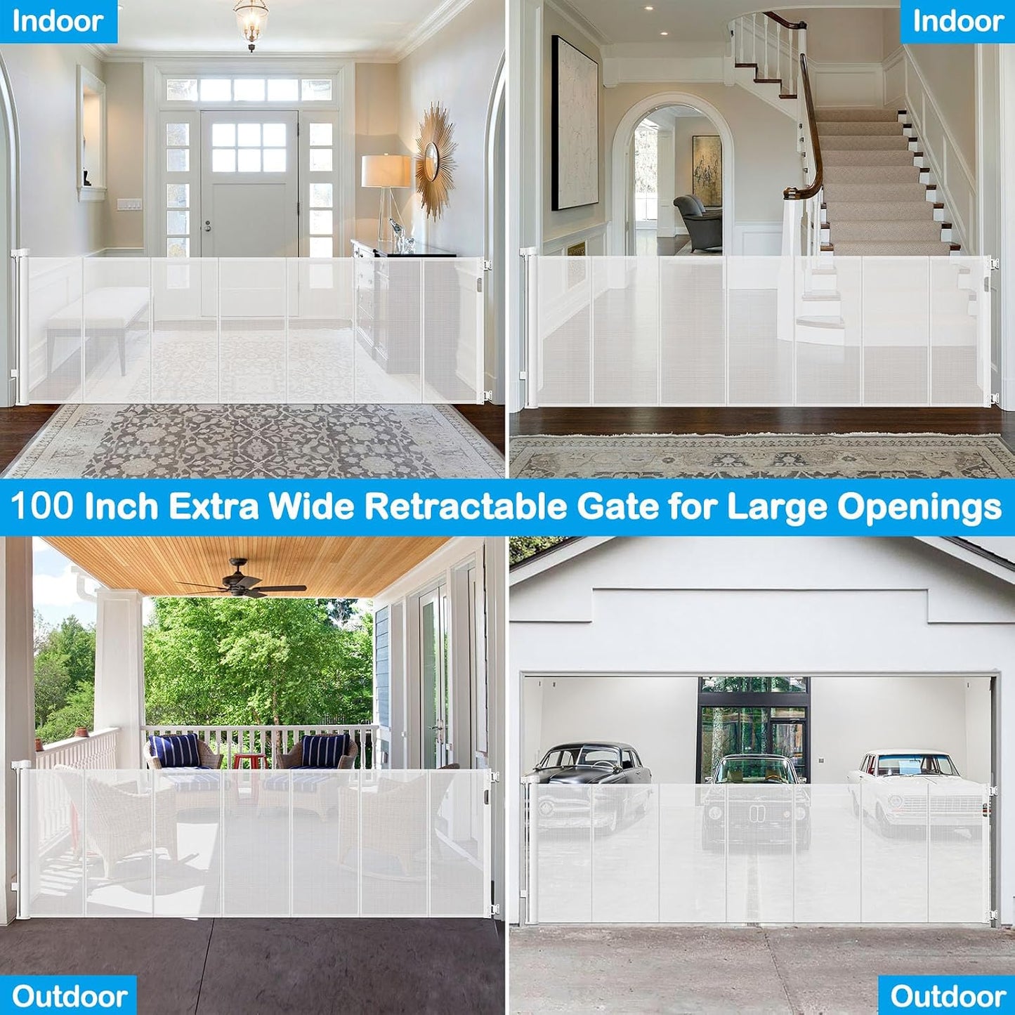 42 Inch Extra Tall Retractable Baby Gates with Reinforced Strips 55 Inch Wide Outdoor Retractable Dog Gate No Sag Extra Tall Baby Gate for Doorway Anti-Scratch Mesh Gates for Kids or Pets, White