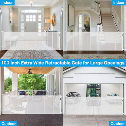 42 Inch Extra Tall Retractable Baby Gates with Reinforced Strips 55 Inch Wide Outdoor Retractable Dog Gate No Sag Extra Tall Baby Gate for Doorway Anti-Scratch Mesh Gates for Kids or Pets, White