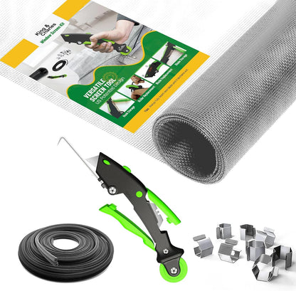 King&Charles Window Screen Door Repair/Replacement Kit, Includes Black Screen Mesh 48"x118"+ Versatile Screen Roller Tool+50Ft Spline+8Clips, Insect Screen, Pet Proof Window Mesh Kit