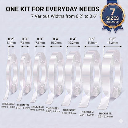 Thin Double Sided Tape, 7 Rolls Clear Nano Tape Kit in Multi-Sizes | Removable & Damage Free Wall Adhesive for Posters, Room Decor, Balloon Arch and Crafts, Washable Traceless Mounting Tape