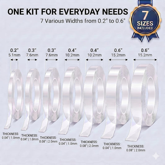 Thin Double Sided Tape, 7 Rolls Clear Nano Tape Kit in Multi-Sizes | Removable & Damage Free Wall Adhesive for Posters, Room Decor, Balloon Arch and Crafts, Washable Traceless Mounting Tape
