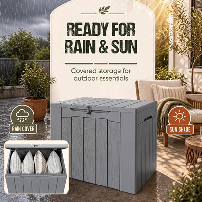 Flamaker Resin Deck Box 120 Gallon Waterproof Large Outdoor Indoor Storage Box Imitation Wood Resin for Patio Furniture Garden Tools and Pool (Black)