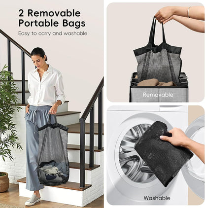 185L Laundry Hamper 3 Section, Laundry Hamper with Lid, Dirty Clothes Hamper with 3 Removable Washing Bags, Extra Large Laundry Basket Organizer for Bedroom, Laundry Room, Dorm - Black