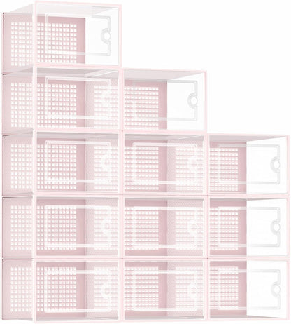 Kuject 12 Pack Large Shoe Boxes, Clear Stackable Containers with Lids,Black | Shoe organizers for closet & entryway, under-bed,Drop-front design fits women's size 10