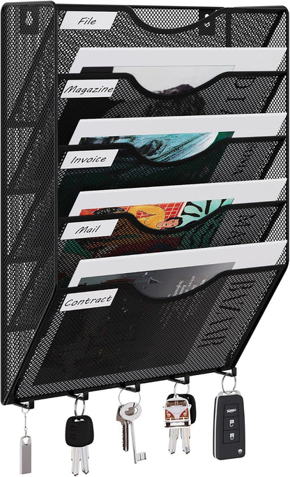 EasyPAG 5 Pocket Mesh Wall File Organizer with Key Hooks, Hanging Paper Folder Holder with Classify Label, Vertical Wall Mount Mail Organizer for Office Home Classroom, Black