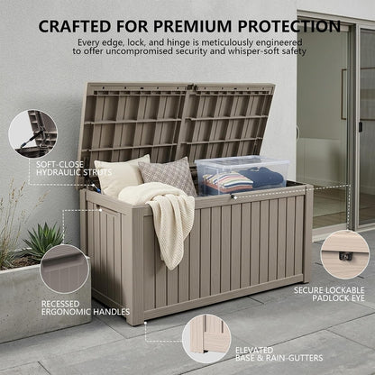 Outdoor Storage Box, 320 Gallon Waterproof Deck Box [Upgraded 3.0], Dual Gas-Spring Ultimate Resin Organizer for King Cushions, Heavy-Duty Lockable Estate Storage Bench, Backyard BBQ, Black