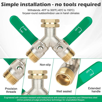 Love Is War 2 Way Garden Hose Splitter, 3/4" GHT Thread Brass Faucet Splitter with Long Easy-Turn Handles, Outdoor Water Connector for Lawn Irrigation