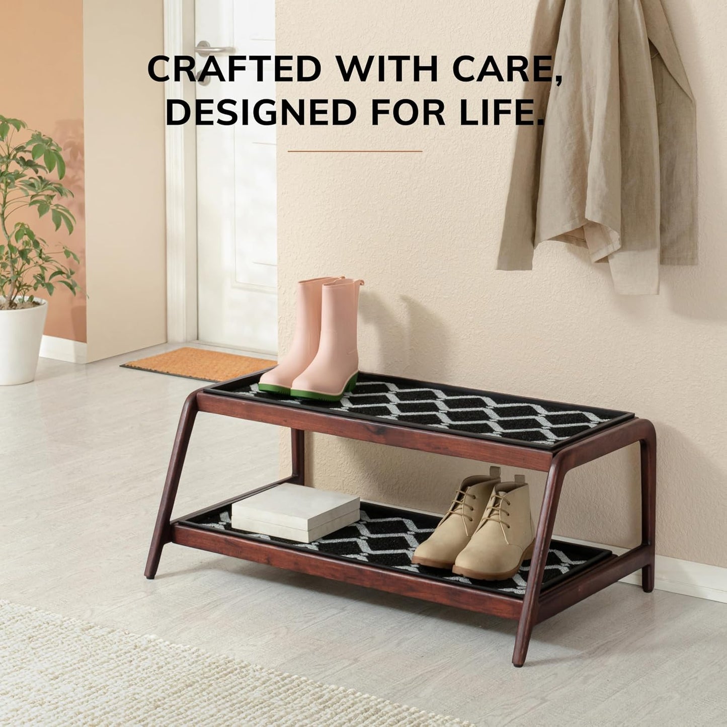 Anji Mountain Heavy Duty Waterproof Wooden Shoe Storage Mat Organizer/Boot Storage Tray Multi Use for Entryway with Coir, Gray and Ivory Insert, 1 Tier, Fits 2 Pair (26.5" Wide)