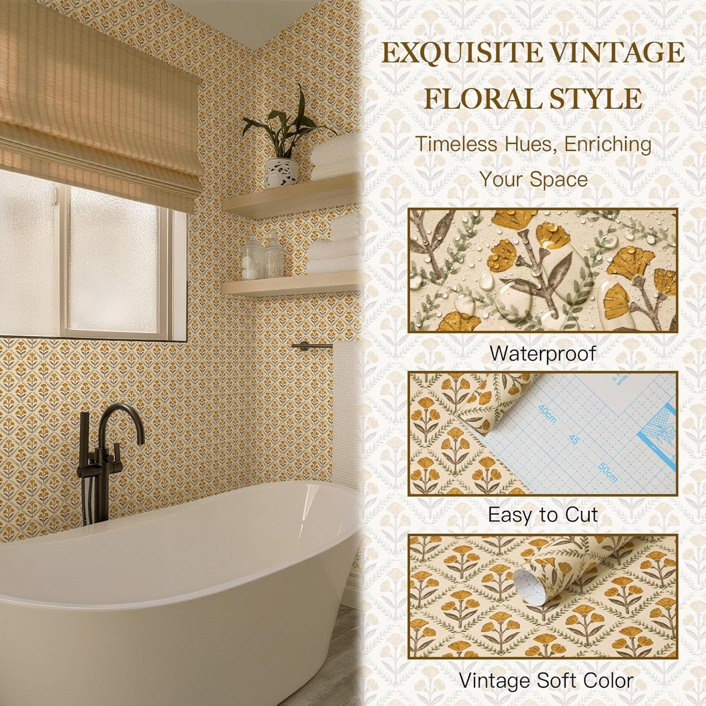 Dimoon 17.3''x78.7'' Peel and Stick Wallpaper Floral Cute Contact Paper Vintage Village Country Cottage Wallpaper Farmhouse Yellow Beige Renter Friendly Geometry Waterproof Embossed Kitchen Bedroom