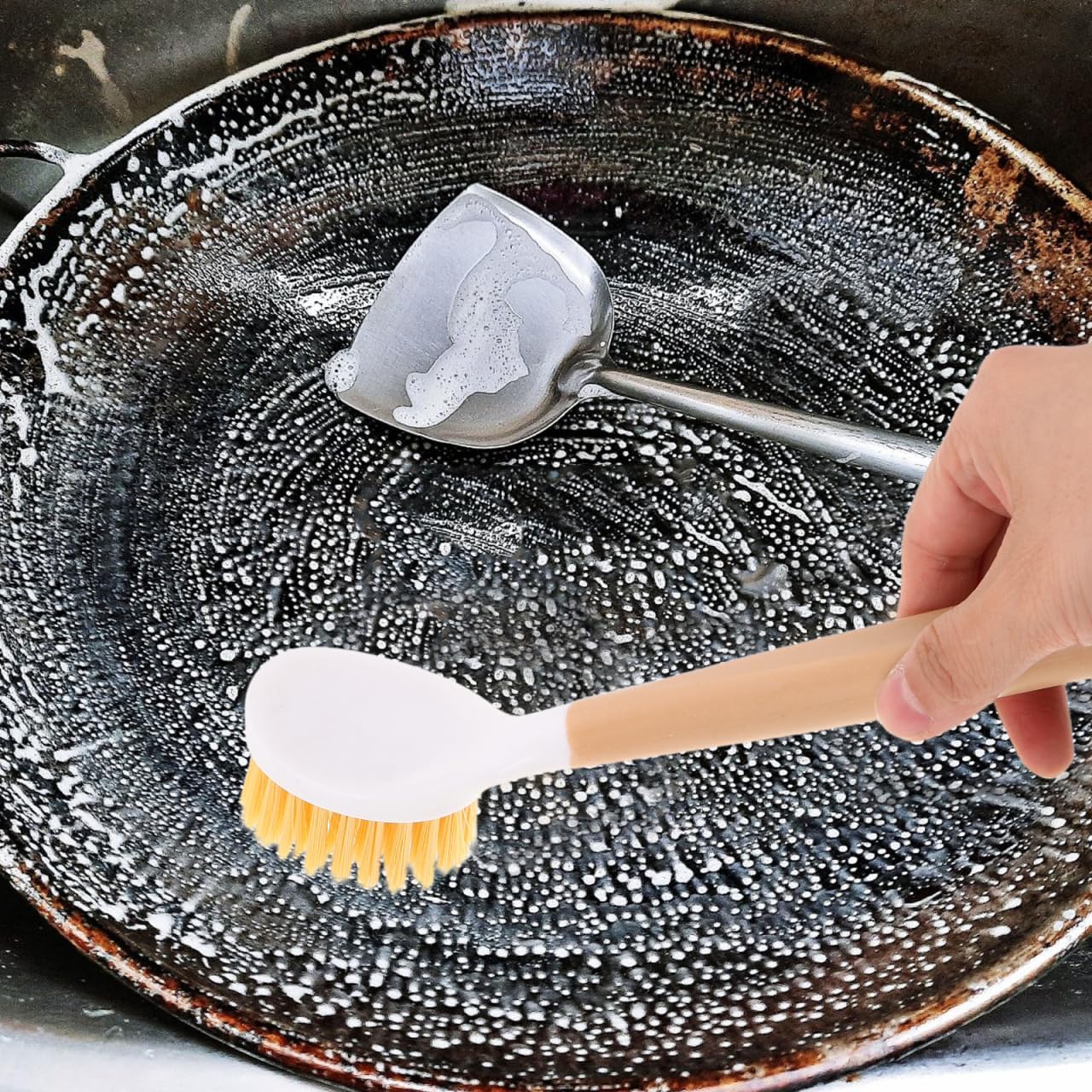 Cabilock Pot Scrubber Brush for Kitchen Ergonomic Dishwashing Brush with Non-Scratch Bristles for Pots Pans Woks and Kitchen Utensils Hanging Hole for Convenient Storage 8.74X1.96X1.18In