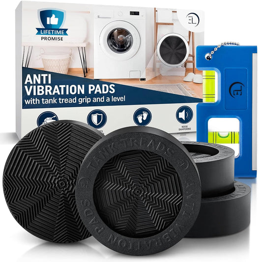 Anti Vibration Pads for Washing Machine with Tank Tread Grip XL | 4 Pack + Level | Stops Washer Dryer from Moving, Protects Floor | Rubber Antivibration Feet Stabilizer for Leveling Washer Machine