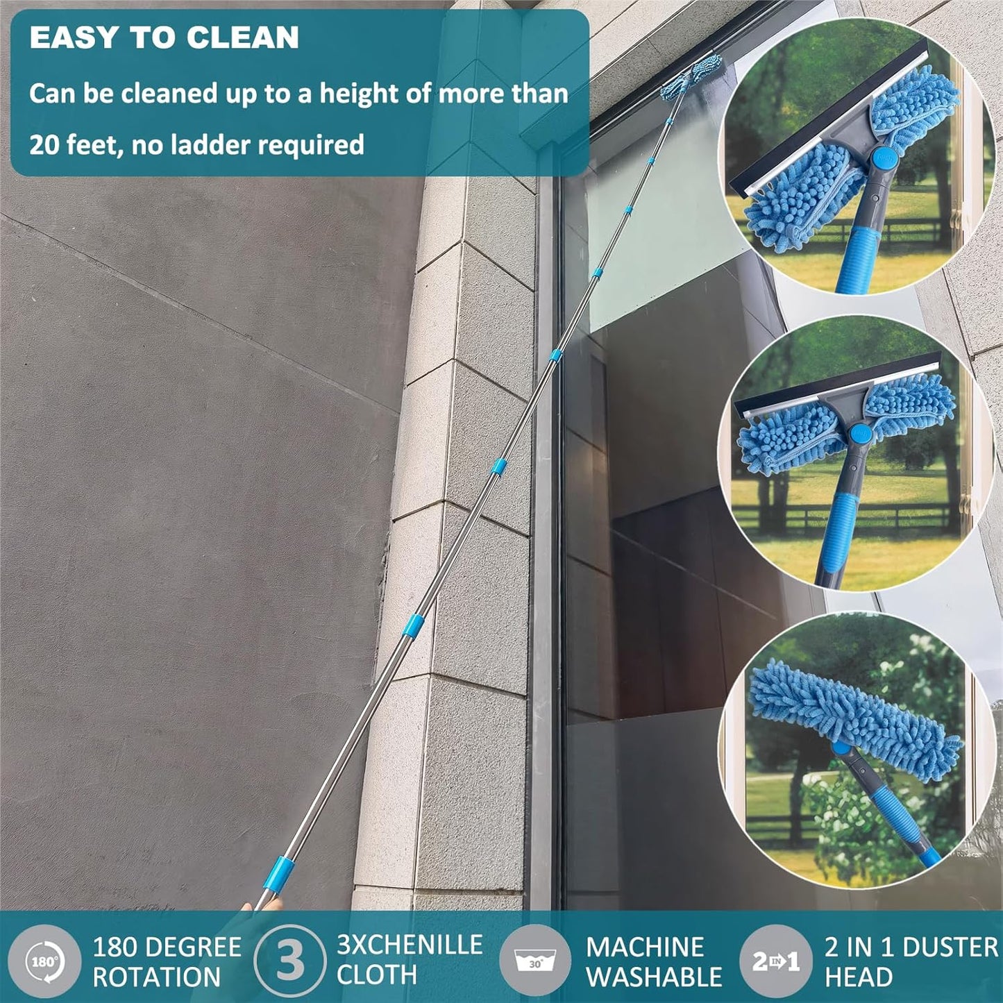 20+ Feet Reach Blue 2 in 1 Window Washing Squeegee & Duster with 3-14 ft Spliceable Extension Pole // Window Cleaning Tool & Window Washer Squeegee for Home Indoor Outdoor Window Washing