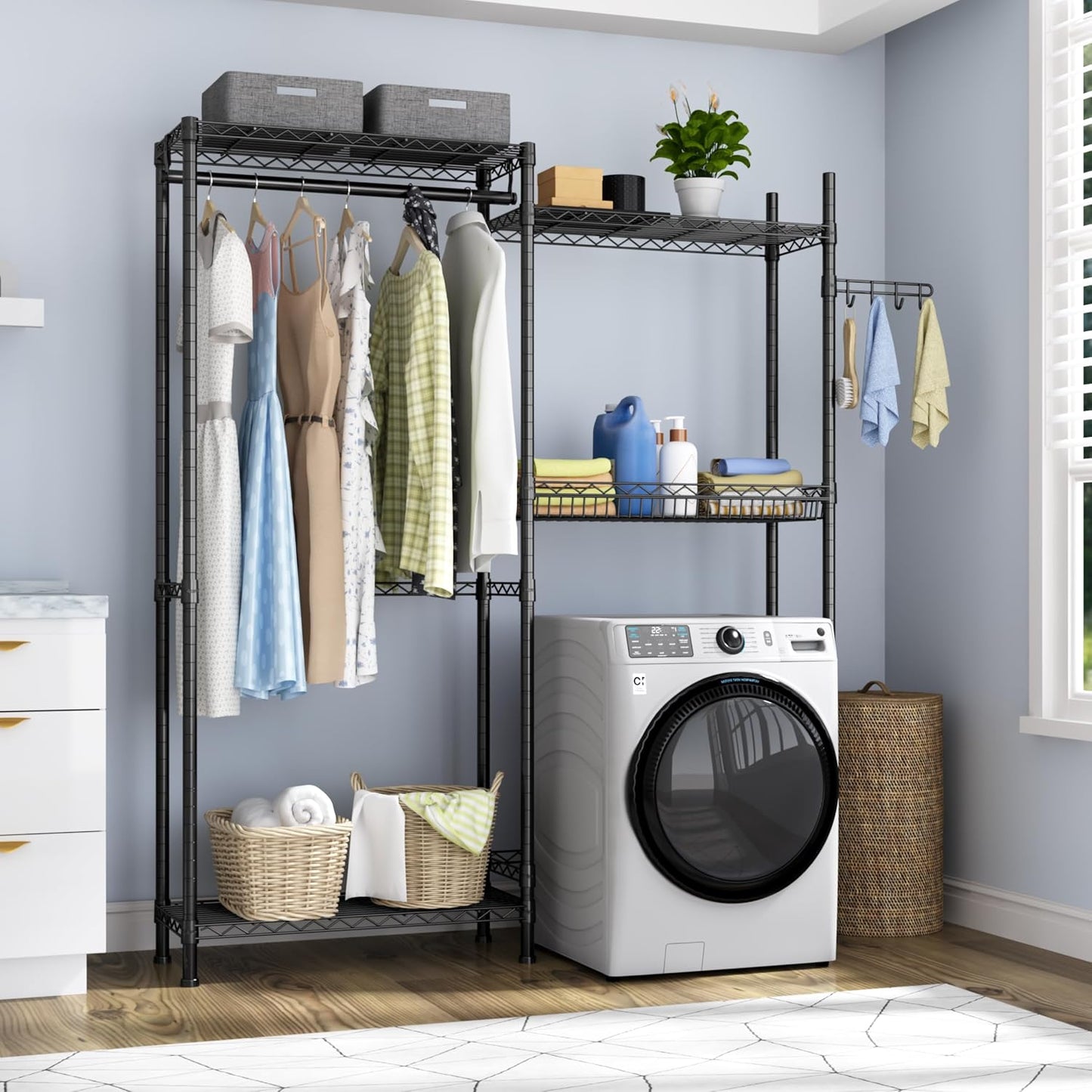 Golpart Over Washer and Dryer Shelves,Heavy Duty Laundry Room Storage Organization Clothes Drying Rack,5 Tier Adjustable Height Wire Shelving and Wire Basket with Hanger Rod&Hook,Space Saving Shelf