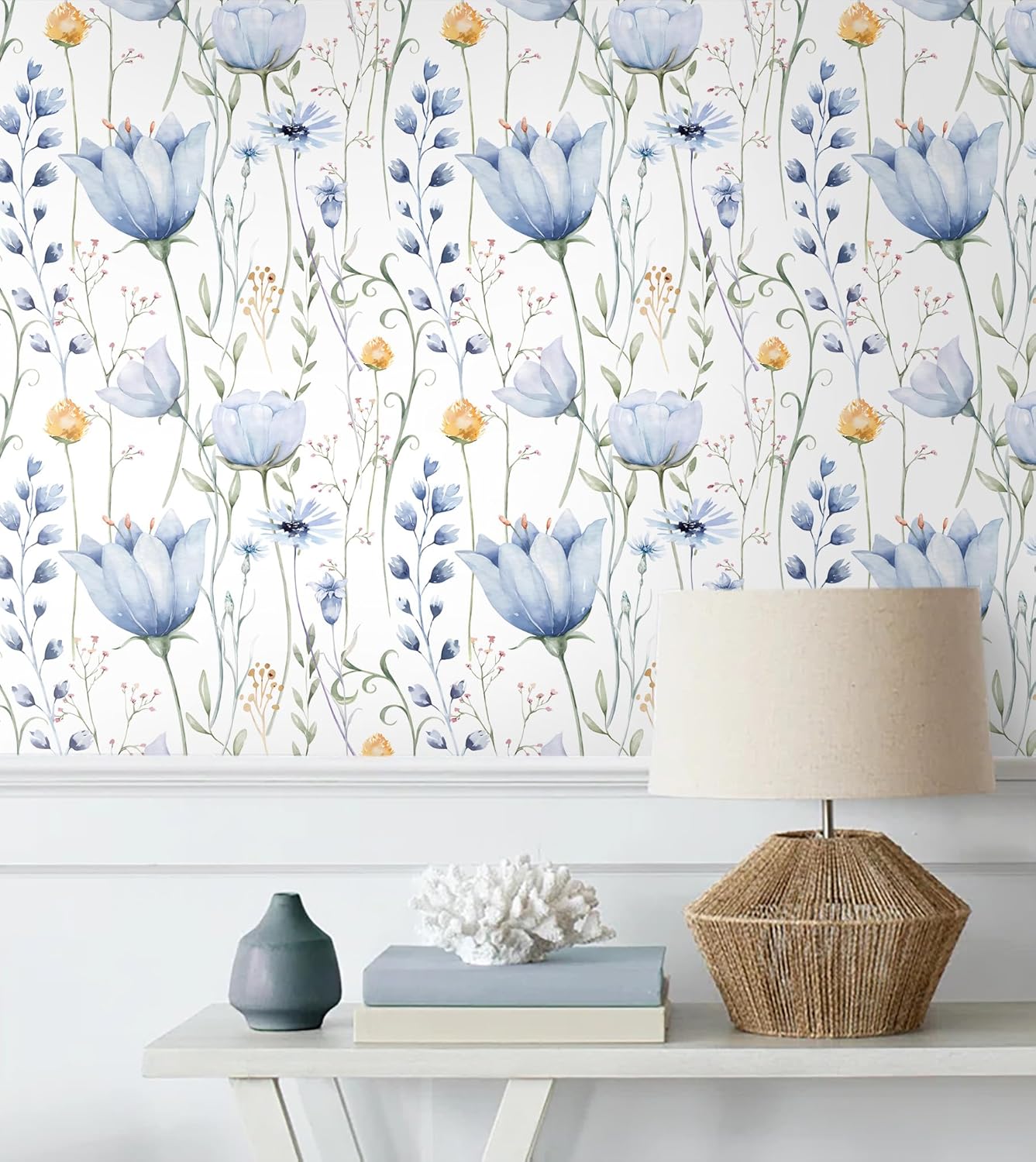 HeloHo Blue Floral Wallpaper Peel and Stick Self Adhesive Removable Wall Paper 16.1" X 118" Renter Friendly Waterproof Wallpaper Contact Paper for Furniture Living Room Bedroom Decor