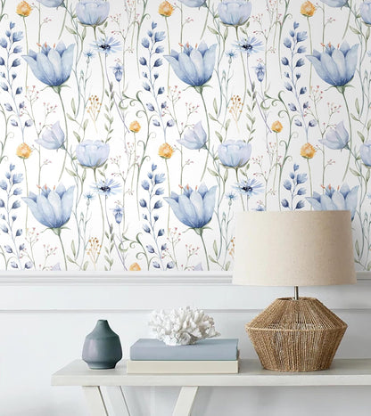 HeloHo Blue Floral Wallpaper Peel and Stick Self Adhesive Removable Wall Paper 16.1" X 118" Renter Friendly Waterproof Wallpaper Contact Paper for Furniture Living Room Bedroom Decor