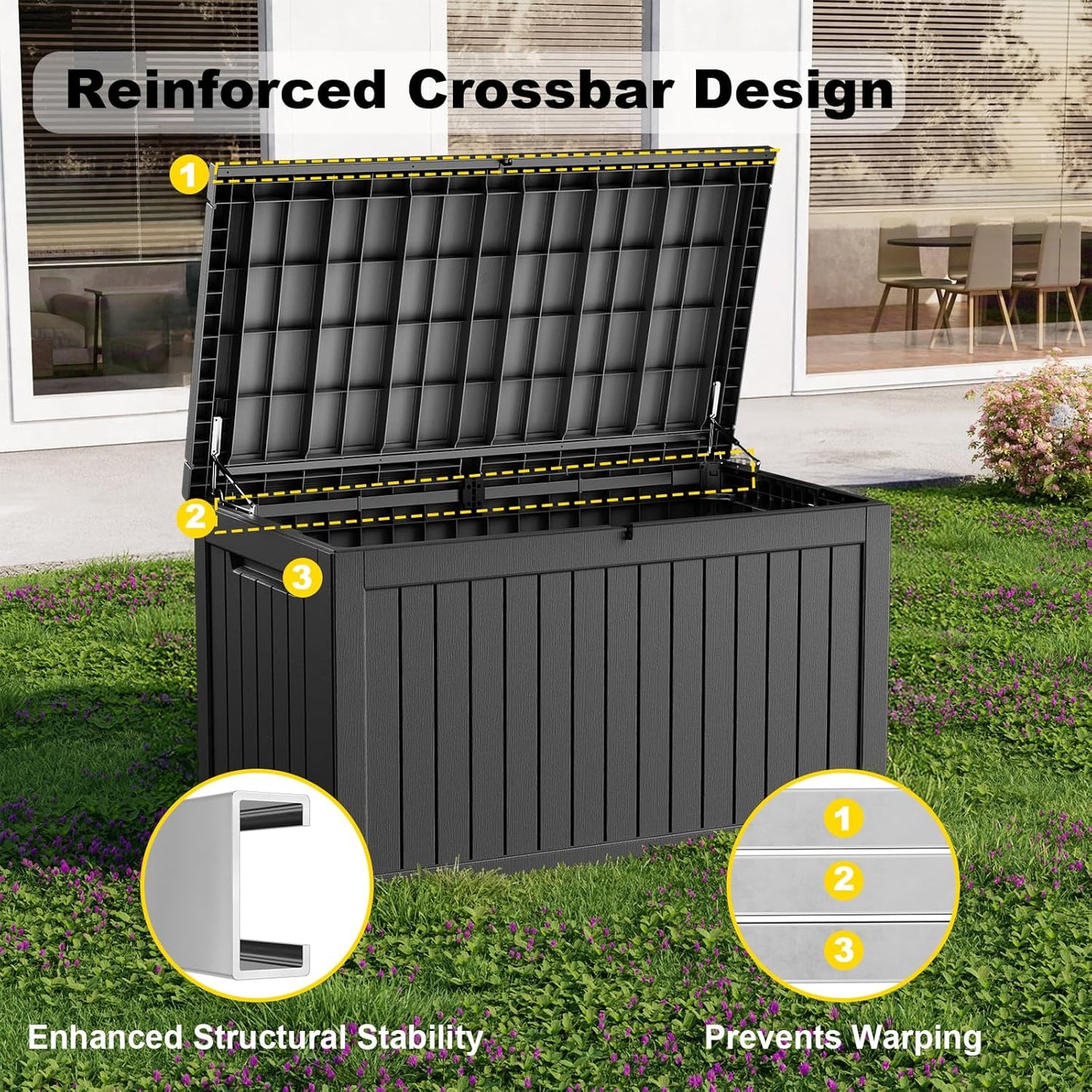 PatioZen 100 Gallon Resin Deck Box, Lockable Patio Outdoor Storage Box for Furniture, Garden Tools and Tools Storage, Waterproof Outside Storage Boxes - Black