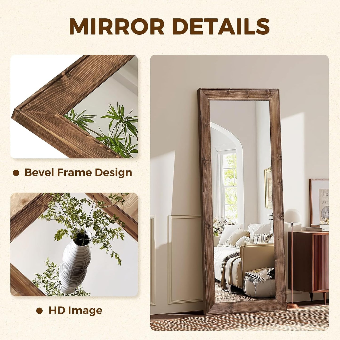 Solid Wood Full Length Mirror - 65"x22" Arched Floor Mirror, Free Standing & Wall Mounted - Elegant Design for Bedroom, Dressing Room, Hallway, Brown