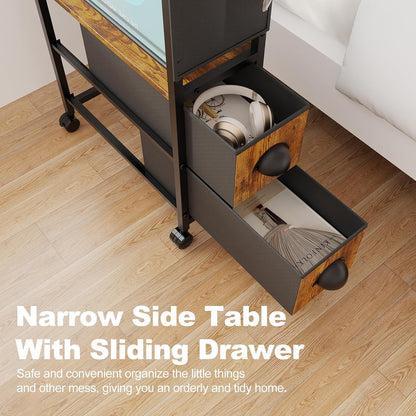 Oppro Small Narrow Side End Table, 2 Drawer Slim Nightstand Bedside Sofa Table with Wheels, Space Saving Rolling Skinny Thin Desk with Storage Bag for Bedroom Living Room Couch Bathroom Dorm