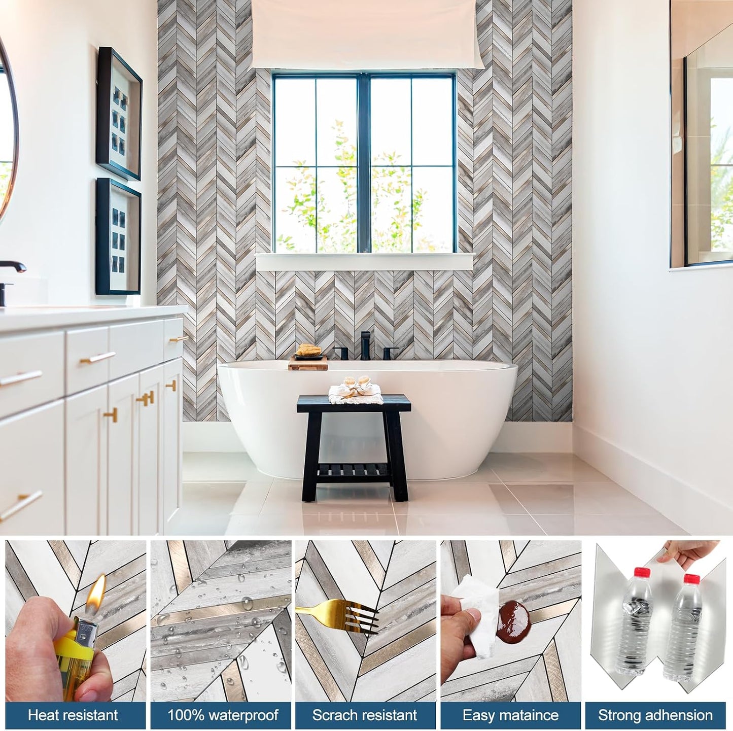 Yipscazo 10-Sheet Herringbone Backsplash Peel and Stick Tile, Polished White PVC Stick on Backsplash for Kitchen, Waterproof Self Adhesive Wall Tile for Bathroom