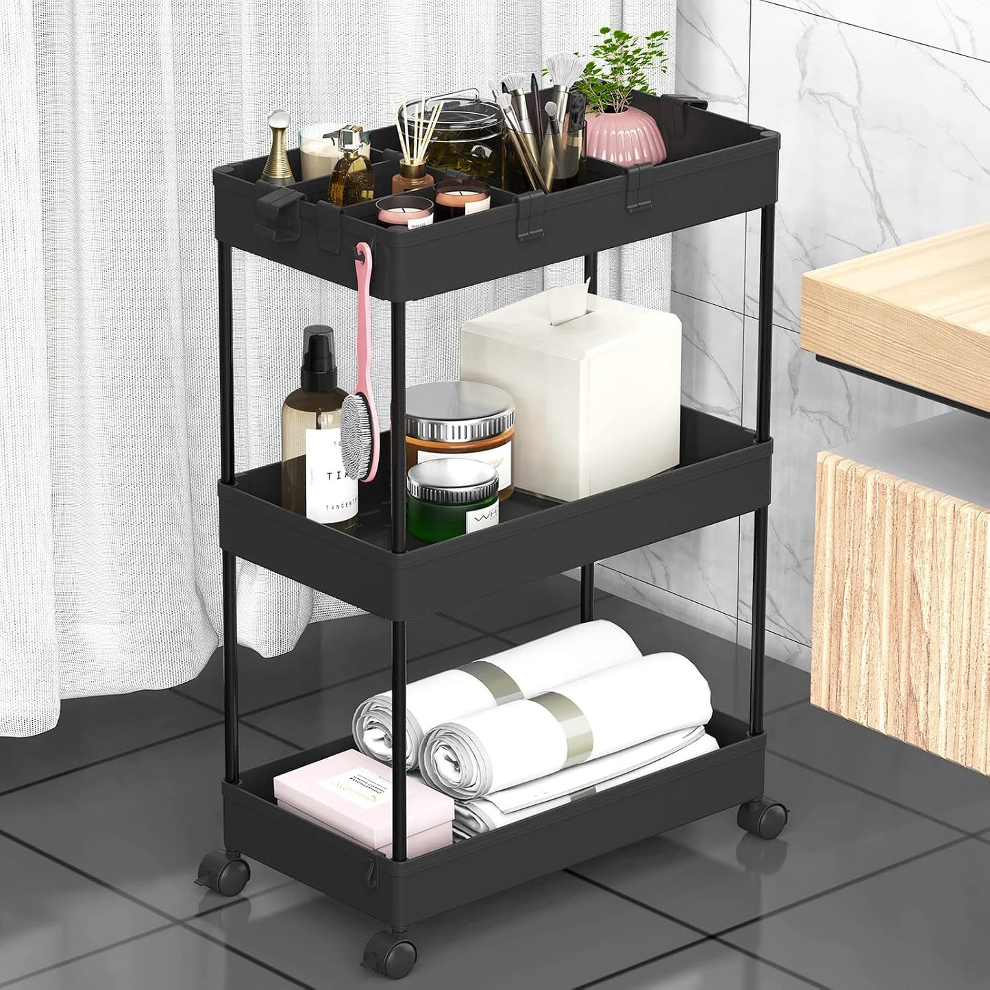 SPACELEAD 3 Tier Rolling Cart with Wheels, Storage Craft Art Trolley Organizer Serving, 3 Hanging Baskets Easy Assembly, for Office, Bathroom，Living Room, Kitchen, White
