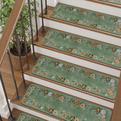 OJIA Floral Stair Treads Non-Slip Carpet Stair Treads for Wooden Steps Indoor 15PCS 30"x8" Stair Runner Stair Mats Staircase Step Treads for Kids, Elders and Dogs, Stair Covers, Black