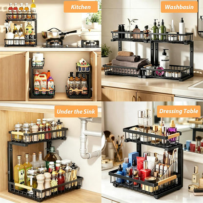 2 Pack Under Sink Organizer, 3-Tier Pull Out Kitchen Cabinet Organizer with 5 Adjustable Heights Metal Slide Out Bathroom Storage Makeup Drawer Rack for Bedroom Office Pantry Home Organization, White