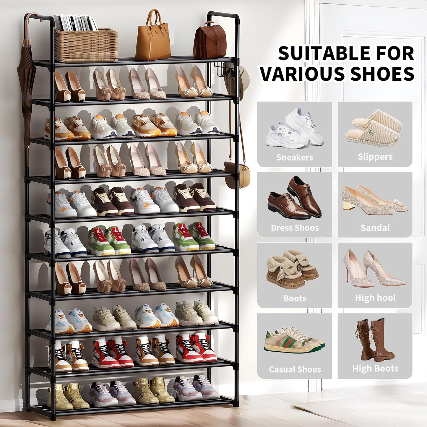 Shoe Rack, 10 Tier Shoe Storage Organizer with Hooks,Fit 40-45 Pairs Shoes,Metal Tall Shoe Shelf for Closet,Entryway, Hallway,Garage,Bedroom,Cloakroom