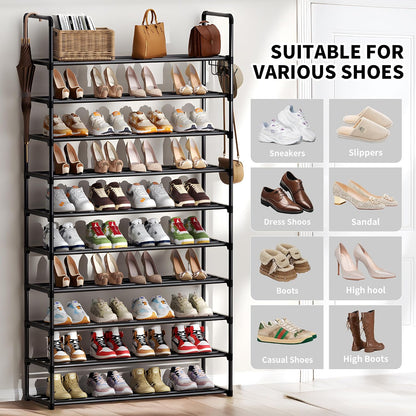 Shoe Rack, 10 Tier Shoe Storage Organizer with Hooks,Fit 40-45 Pairs Shoes,Metal Tall Shoe Shelf for Closet,Entryway, Hallway,Garage,Bedroom,Cloakroom