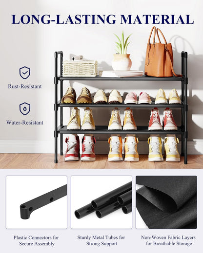 Kitsure Shoe Rack - 3-Tier Shoe Organizer, Shoe Rack for Closet, Entryway, Bedroom, Easy- Assembly Storage Shelf with Side Handles, 27.6" Wide - 3 Tiers, Grey