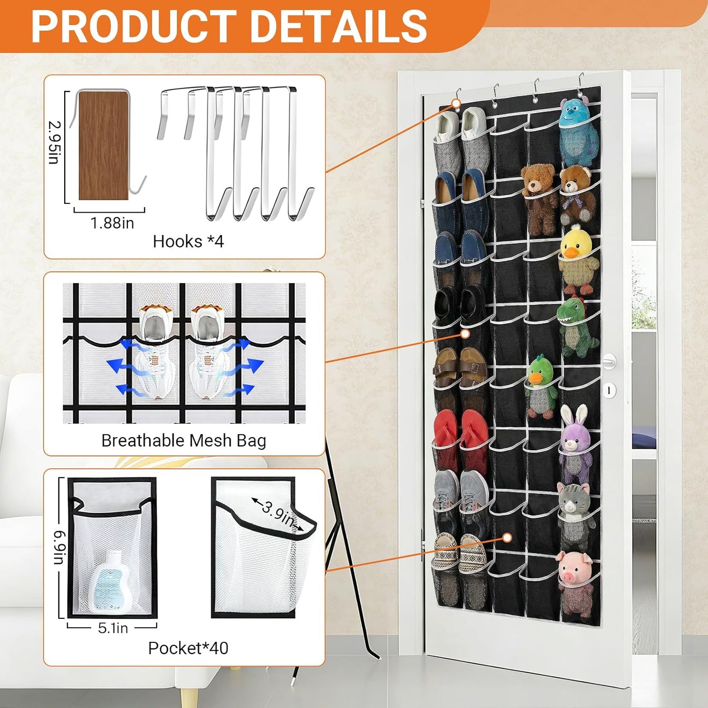 40 Large Mesh Pocket Over the Door Shoe Organizer,Hanging Shoe Rack for Door,Hualleko Shoes Organizer Hanger with Large Capacity, Shoes Storage Holder Sturdy Non-woven Fabric - Stores 20 Pairs (White)