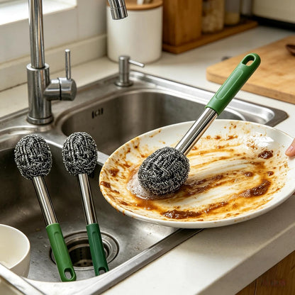 2PCS Steel Wool Scrubber with Handle Rustproof, Cast Iron Scrubber, Stubborn Messes Pot Brush, Remove Dirt for Cleaning Stoves,Sinks Dishes Grills Bowls & Metal Wire Sponge for Kitchens