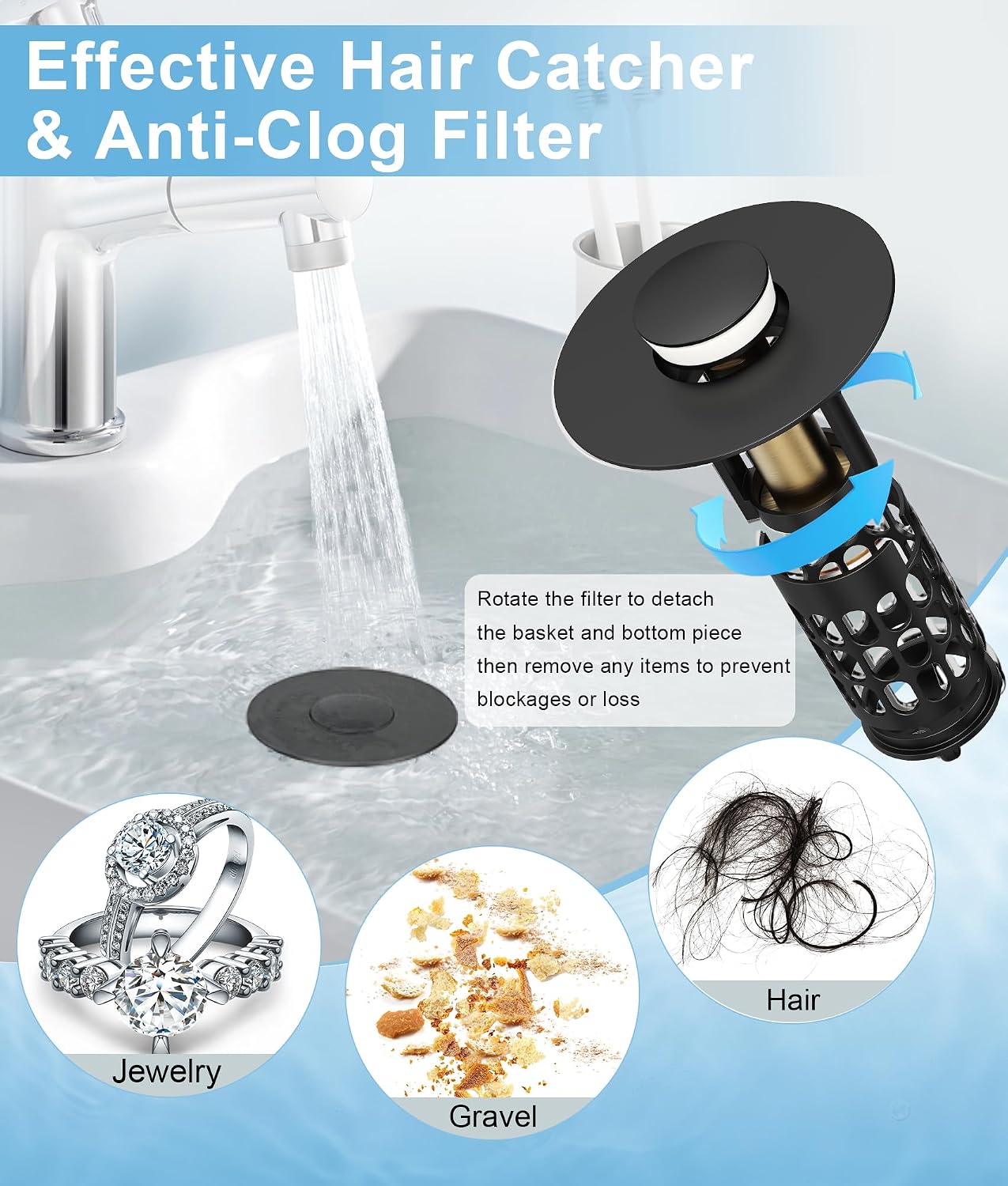 QYHNYJF Bathroom Sink Stopper with Hair Catcher – Universal Pop-Up Drain Strainer for 1.1–1.5 inch US Standard Sink Drain Holes, Anti-Clog Basin Stopper, Silver