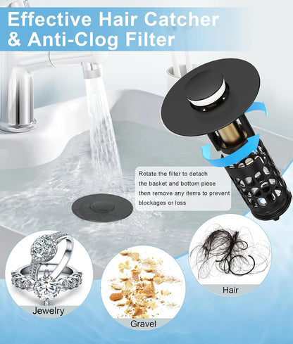 QYHNYJF Bathroom Sink Stopper with Hair Catcher – Universal Pop-Up Drain Strainer for 1.1–1.5 inch US Standard Sink Drain Holes, Anti-Clog Basin Stopper, Silver