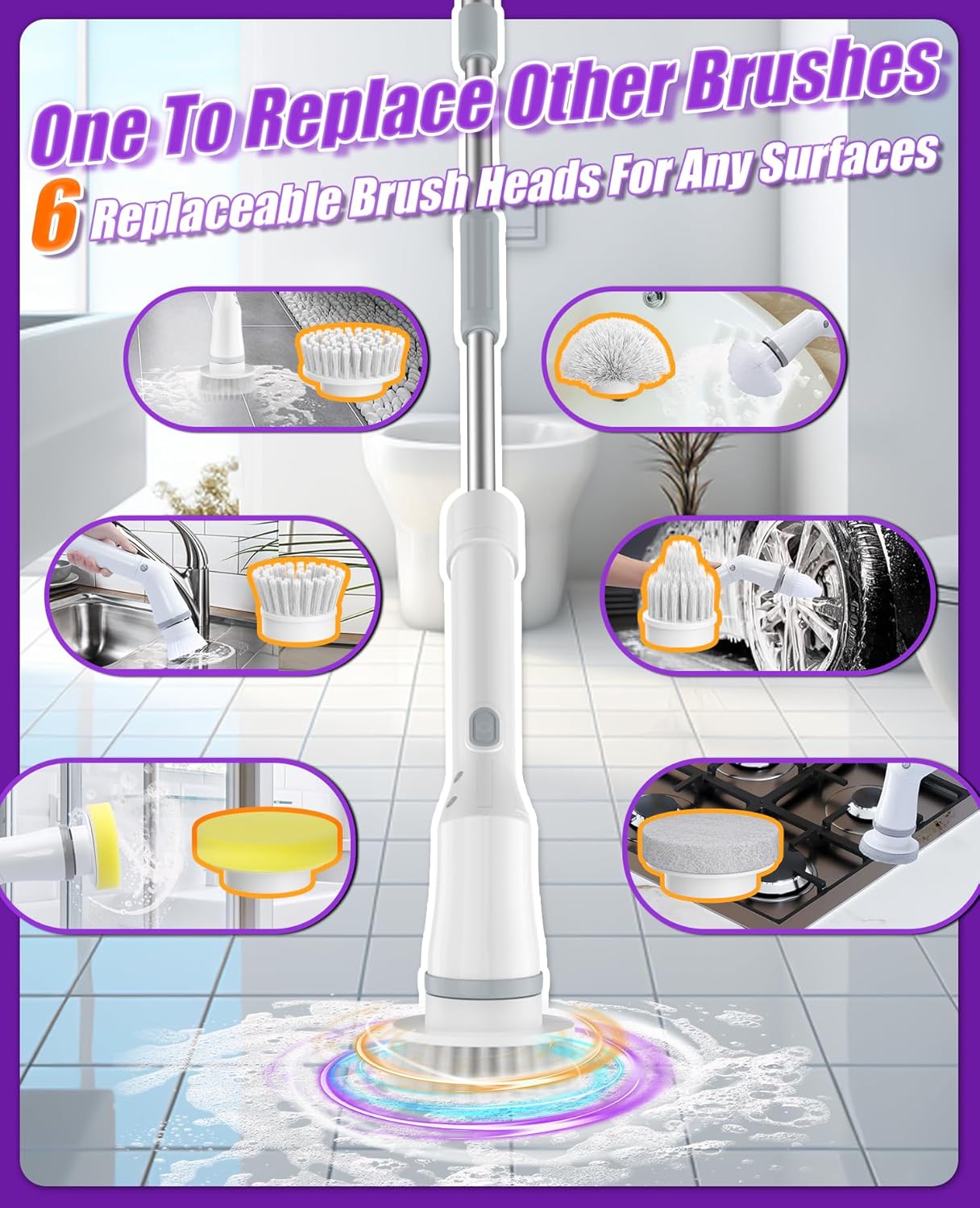 Electric Spin Scrubber, Cordless Floor Scrubber Machine with Interchangeable Cleaning Pads, IPX7 Waterproof 2-Speed Cleaning Pads for Bathroom, Kitchen, Tile, Tub and Floor Cleaning, White-qb2