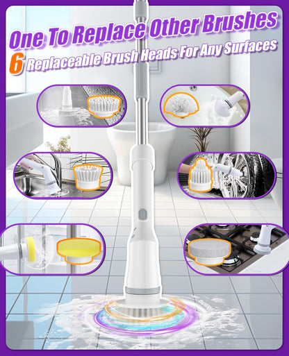 Cordless Electric Spin Scrubber with 7 Brush Heads, White-te1 | Adjustable long handle for shower, tile, grout, sink, tub, floor, and car wheel cleaning
