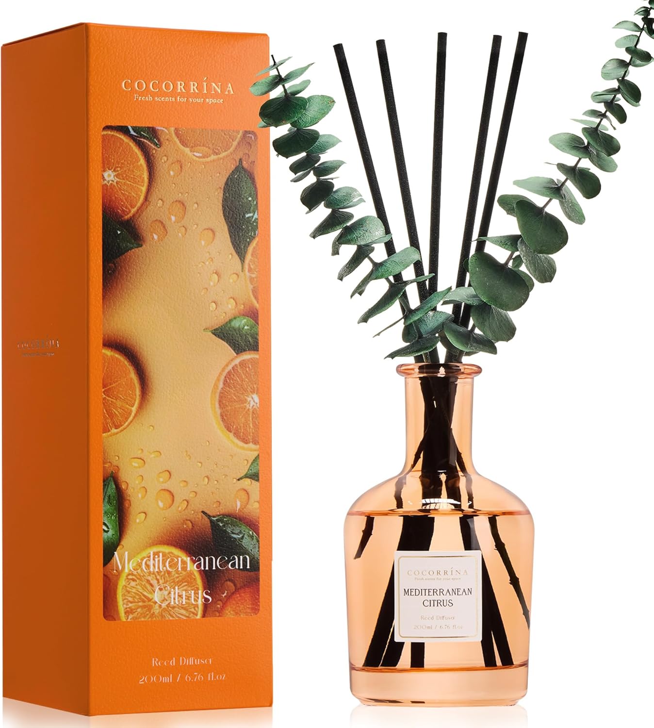 COCORRÍNA Wild Mint & Eucalyptus Reed Diffuser – 6.76 oz Essential Oil with 8 Reeds & Real Eucalyptus Sticks, Home Fragrance for Bedroom or Bathroom Décor