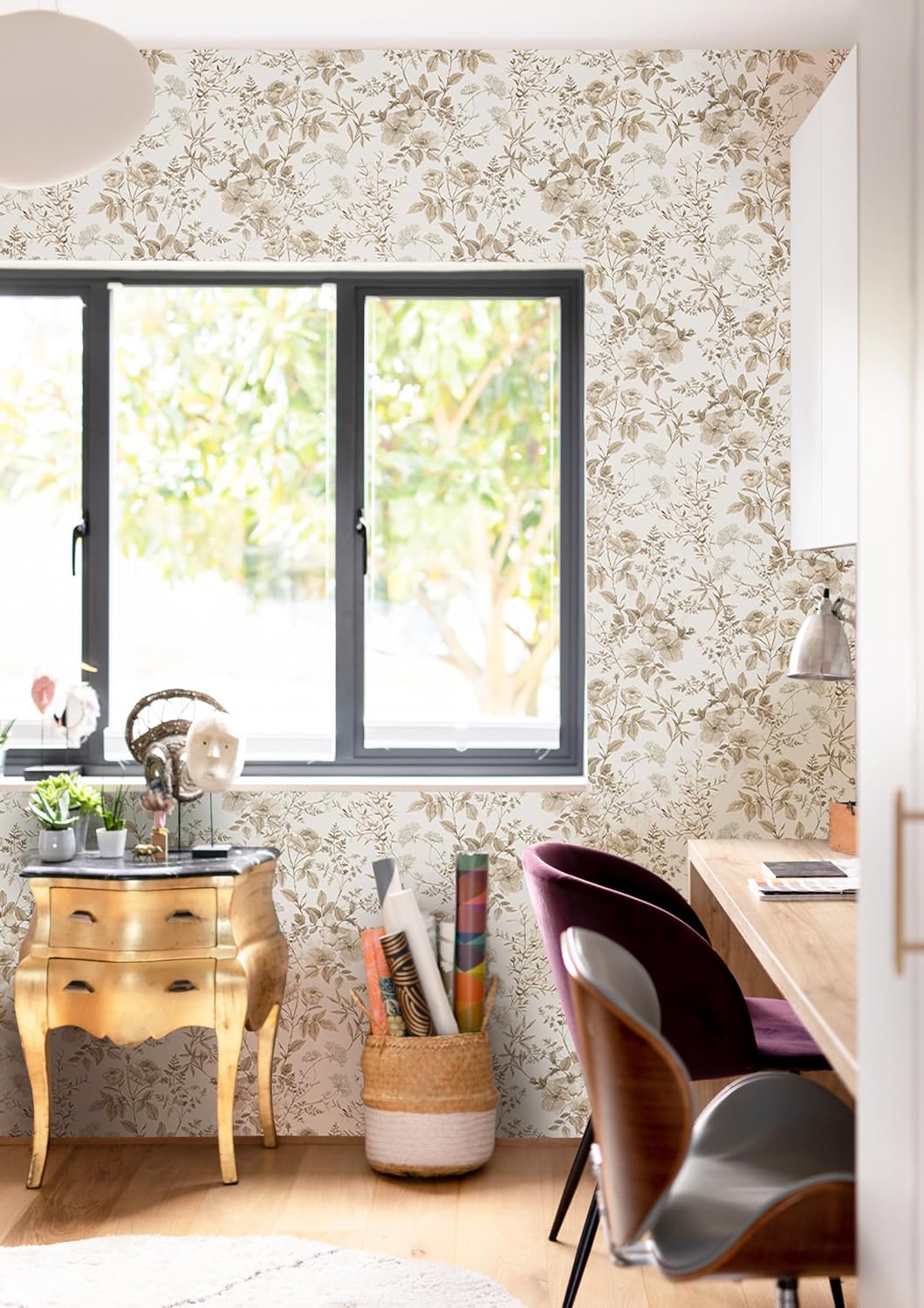 Erfoni 16.9" x118" Boho Floral Peel and Stick Wallpaper Beige Flower and Leaf Contact Paper Self Adhsive Removable Wallpaper Boho Botanical Wall Paper for Bedroom Cabinets Decor Vinyl Roll Waterproof