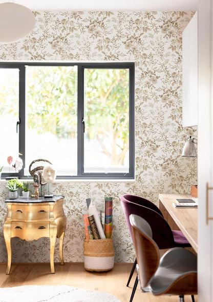Erfoni 16.9" x118" Boho Floral Peel and Stick Wallpaper Beige Flower and Leaf Contact Paper Self Adhsive Removable Wallpaper Boho Botanical Wall Paper for Bedroom Cabinets Decor Vinyl Roll Waterproof