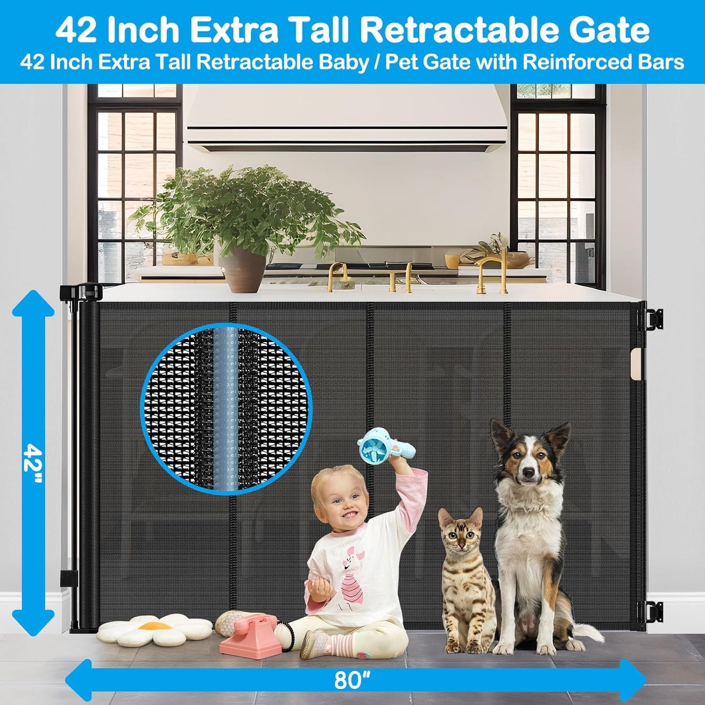 42 Inch Extra Tall Retractable Baby Gates with Reinforced Strips 55 Inch Wide Outdoor Retractable Dog Gate No Sag Extra Tall Baby Gate for Doorway Anti-Scratch Mesh Gates for Kids or Pets, White