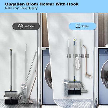 4 Pack Stainless Steel Mop and Broom Gripper with Hook, Screw Drilling or Self Adhesive Mop and Broom Holder Wall Mount, Storage Rack for Closet Laundry Garage Garden Tool Organizer, Silver