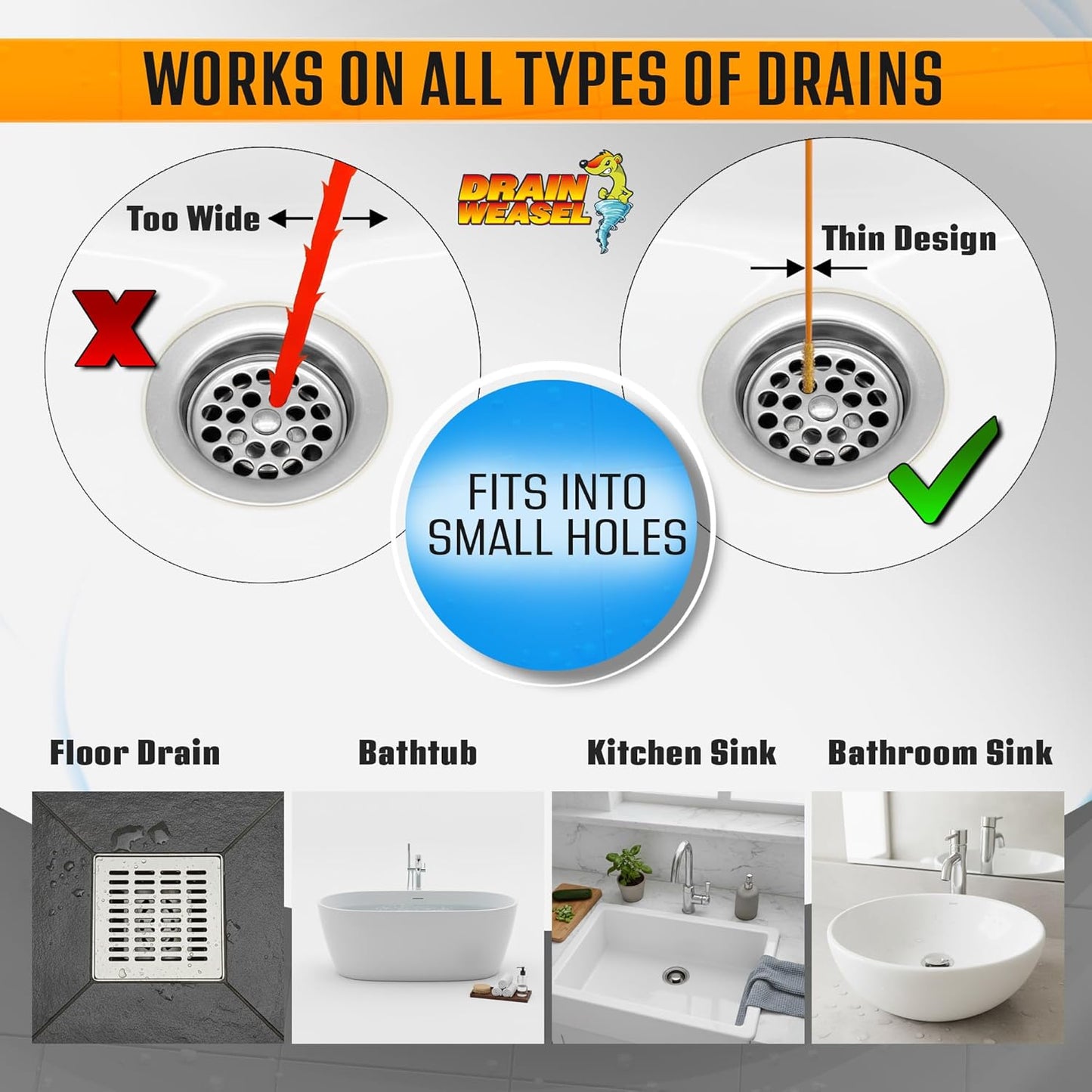 FlexiSnake Drain Weasel PowerSnake Drain Hair Clog Remover Tool – Plumbing Snake Auger for Cleaning Shower, Tub, Bathroom with Drill Connector, Rotating Handle and 3 Wands, 36 Inches Long Made in USA