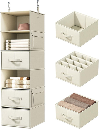 Vailando 6-Shelf Hanging Closet Organizer with 3 Drawers, 2 Separable 3-Shelf Closet Organizers and Storage for Wardrobe Organization, Hanging Dresser for Nursury & Dorm Clothes Organizer