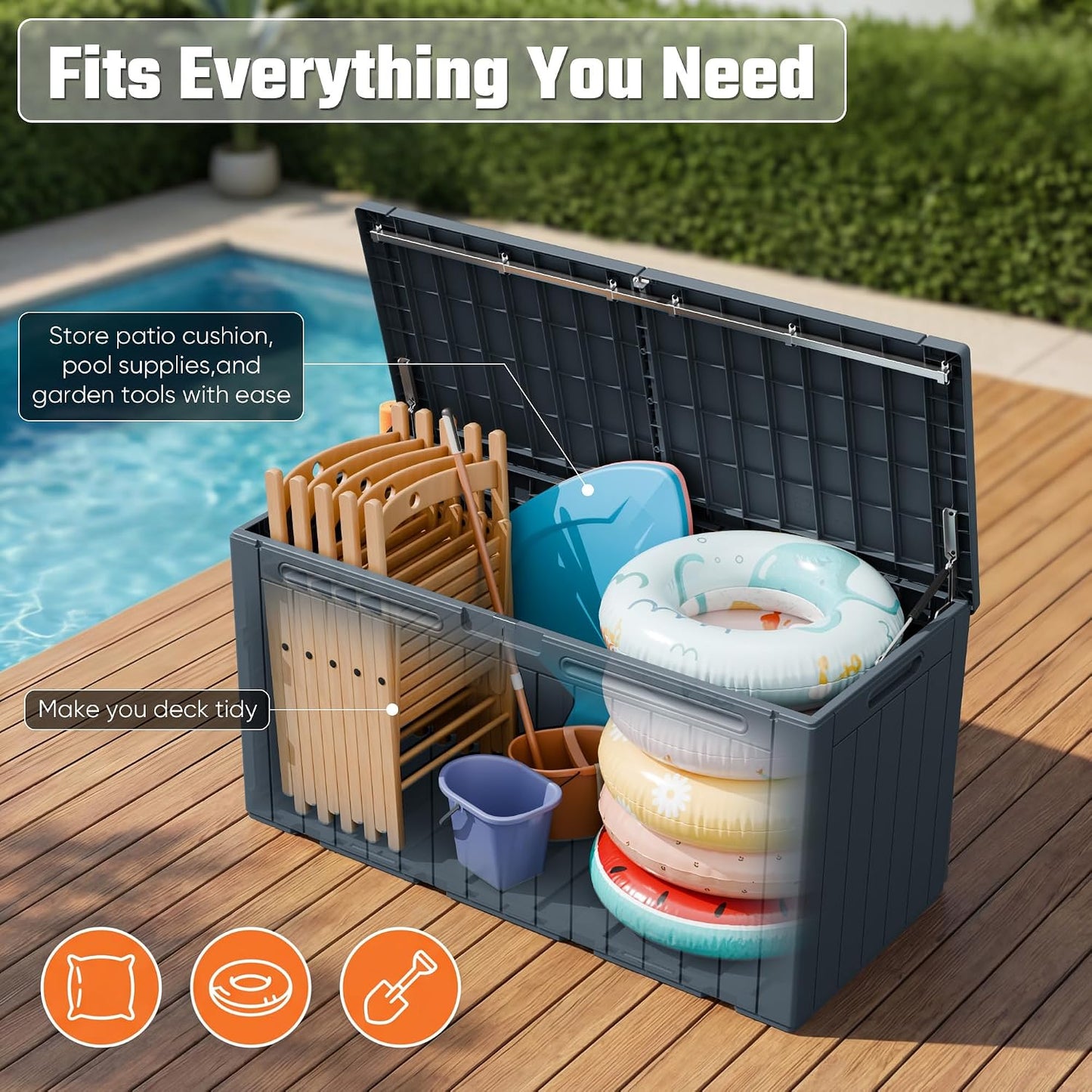 Greesum 110 Gallon Outdoor Storage Box with Lockable Lid, All-Weather for Patio Furniture, Pool Supplies & Garden Tools, Waterproof, UV-Resistant Large Deck Box, Dark Black