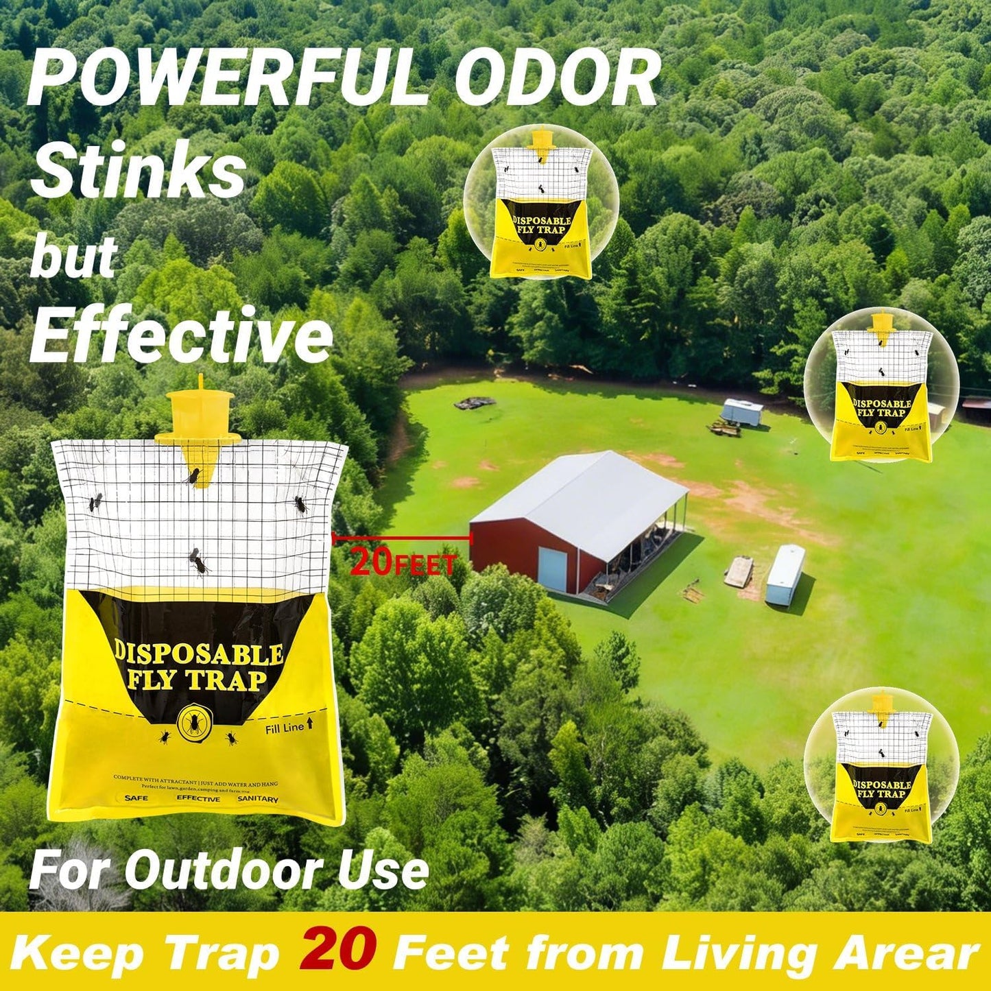 Outdoor Fly Traps for Patio, 4 Pack Pre-Baited Big Fly Bags Outdoor Disposable, Hanging Fly Catcher Hunter Stable Horse Ranch Control Repellent Killer for Barn, Farm